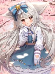 Rule 34 | 1girl, animal ears, commentary request, commission, dress, flower, fox ears, fox girl, fox tail, goma (u p), hair ornament, highres, long hair, looking at viewer, low twintails, original, red eyes, sakurada shiro (hy plus), skeb commission, smile, solo, tail, twintails, very long hair, white hair