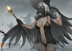 Rule 34 | 1girl, 2others, ariverkao, black gloves, breasts, brown eyes, center opening, cowboy shot, dated, earrings, feather trim, feathered wings, gloves, grey background, hat, holding, holding staff, jewelry, large breasts, long hair, looking at viewer, mask, multiple others, navel, original, patreon logo, plague doctor mask, rain, signature, silhouette, solo focus, staff, watermark, web address, white hair, wings, witch hat