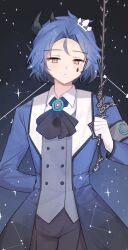 Rule 34 | 1boy, arm behind back, armband, ascot, black ascot, black pants, blue coat, blue hair, blush, chesed (project moon), closed mouth, coat, constellation, e.g.o (project moon), grey vest, holding, holding sword, holding weapon, knight of despair, lobotomy corporation, long sleeves, love mintchoco, male focus, medium hair, pants, parted bangs, project moon, sidelocks, solo, sword, teardrop facial mark, vest, weapon, yellow eyes