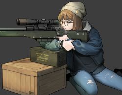 Rule 34 | 1girl, ai arctic warfare, blue jacket, bolt action, box, brown hair, crate, denim, grey background, gun, hat, highres, jacket, jeans, looking to the side, military, one eye closed, original, pants, resolution mismatch, rifle, scope, seriousman, sitting, sniper rifle, solo, source larger, squinting, torn clothes, torn jeans, torn pants, watch, weapon, wristwatch