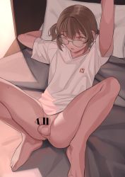 Rule 34 | 1boy, absurdres, animal print, artist request, barefoot, bed, bottomless, brown hair, censored, feet, flaccid, foreskin, glasses, highres, lying, male focus, original, penis, pillow, rabbit print, solo, spread legs, testicles, toes, trap