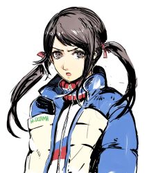 Rule 34 | 1girl, aged up, blue jacket, brown eyes, brown hair, commentary, doujima nanako, down jacket, english commentary, hair ribbon, highres, jacket, long hair, long sleeves, looking at viewer, open clothes, open jacket, open mouth, persona, persona 4, persona 5, pink ribbon, prototype design, ribbon, simple background, solo, twintails, upper body, v-shaped eyebrows, white background, white jacket, yourfreakyneighbourh, zipper, zipper pull tab