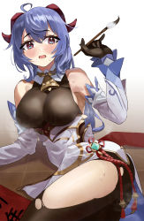Rule 34 | 1girl, absurdres, ahoge, bare shoulders, bell, black pantyhose, blue hair, blush, breasts, cowbell, feipin zhanshi, ganyu (genshin impact), genshin impact, half-closed eyes, highres, horns, large breasts, open mouth, paintbrush, pantyhose, purple eyes, solo, sweat, torn clothes, torn pantyhose