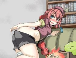 Rule 34 | 1girl, bent over, beret, blush, braid, clothes pull, female focus, hat, heterochromia, indoors, long hair, multicolored eyes, ocha no mae, open mouth, original, pink hair, shorts, shorts pull, solo