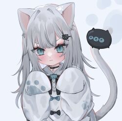 Rule 34 | &gt;:), 1 (z tsubou), 1girl, :3, absurdres, animal ears, cat ears, cat girl, cat tail, dress, grey hair, hair ornament, hairclip, highres, indie virtual youtuber, long hair, long sleeves, looking at viewer, nachoneko, paw pose, sleeves past fingers, sleeves past wrists, tail, v-shaped eyebrows, virtual youtuber, white dress