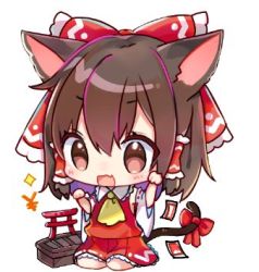 Rule 34 | 1girl, animal ears, ascot, bad id, bad twitter id, bare shoulders, blush, bow, box, brown eyes, brown hair, cat ears, cat tail, chibi, commentary request, detached sleeves, donation box, fang, frilled shirt collar, frills, full body, hair between eyes, hair bow, hakurei reimu, hands up, happy, kemonomimi mode, lip fang, long sleeves, looking at viewer, lowres, natsuki (ukiwakudasai), nontraditional miko, ofuda, open mouth, paw pose, red bow, red skirt, seiza, simple background, sitting, skirt, skirt set, smile, solo, sparkle, tail, tail bow, tail ornament, torii, touhou, translated, wariza, white background, wide sleeves, yellow ascot, yen sign