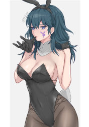 Rule 34 | 1girl, absurdres, animal ears, artist name, bare arms, bare shoulders, biting, black gloves, black hairband, black leotard, blue eyes, blue hair, breasts, byleth (female) (fire emblem), byleth (fire emblem), cleavage, commentary request, covered navel, cowboy shot, facial mark, fake animal ears, fake tail, fire emblem, fire emblem: three houses, glove biting, gloves, groin, hair between eyes, hairband, hands up, highres, large breasts, leotard, long hair, looking at viewer, mouth hold, mouth pull, nintendo, pantyhose, playboy bunny, rabbit ears, rabbit tail, shimizu akina, solo, strapless, strapless leotard, tail, twitter username