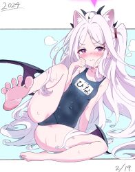 Rule 34 | &gt;:(, 1girl, 2024, absurdres, ahoge, animal ear fluff, animal ears, aqua background, arm support, bare arms, bare legs, bare shoulders, barefoot, blue archive, blue one-piece swimsuit, blush, border, breasts, cat ears, character name, clenched hand, closed mouth, commentary, covered navel, dated, demon horns, demon wings, embarrassed, extra ears, feet, frown, full body, grey hair, hair ornament, hair spread out, hairclip, hand up, highres, hina (blue archive), hina (swimsuit) (blue archive), horns, kemonomimi mode, leg up, legs, long hair, looking at viewer, nose blush, official alternate costume, one-piece swimsuit, parted bangs, purple eyes, school swimsuit, simple background, sitting, small breasts, soles, solo, swimsuit, thighs, toes, two side up, v-shaped eyebrows, very long hair, vtitalianlion46, wavy mouth, wet, white border, wings