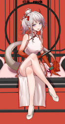 Rule 34 | 1girl, :p, arknights, artist name, bare legs, bare shoulders, bead bracelet, beads, bracelet, breasts, china dress, chinese clothes, commentary, crossed legs, dress, hair bun, high heels, highres, holding, horns, jewelry, large breasts, long hair, looking at viewer, nian (arknights), nian (unfettered freedom) (arknights), official alternate costume, pointy ears, red background, sidelocks, silver hair, single hair bun, sitting, sleeveless, sleeveless dress, smile, solo, srpzk, tail, thighs, tongue, tongue out, twitter username, white dress, white footwear