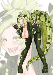 Rule 34 | 1girl, bent over, boots, braid, breasts, claw pose, collared jacket, crocodilian tail, eyelashes, eyeshadow, fingerless gloves, full body, gloves, green eyes, green footwear, green gloves, green hair, green jacket, green pants, half-closed eyes, hands up, hanging breasts, high ponytail, highres, jacket, kemono friends, large breasts, legs apart, long hair, long tail, looking at viewer, makeup, multicolored eyes, multicolored hair, open mouth, pants, partially unzipped, saltwater crocodile (kemono friends), seductive smile, sharp teeth, slit pupils, smile, solo, spikes, standing, tail, teeth, torn clothes, torn pants, tunndererabu, yellow eyes, zipper, zipper pull tab
