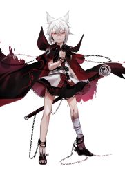 Rule 34 | 1girl, absurdres, alternate color, alternate eye color, alternate hair color, bandages, belt, cape, chain, cuffs, dark persona, evil smile, full body, glowing, glowing eyes, handcuffs, highres, injury, looking at viewer, red eyes, sandals, shan, short hair, simple background, skirt, slit pupils, smile, smirk, solo, sword, touhou, toyosatomimi no miko, weapon, white background, white hair