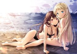 Rule 34 | 2girls, :o, absurdres, arm support, bad id, bad twitter id, bandeau, bare arms, bare legs, bare shoulders, barefoot, beach, bikini, black bikini, blonde hair, blue eyes, blush, breasts, brown hair, c:, cleavage, closed mouth, day, feet, female focus, full body, hair over breasts, hand on another&#039;s thigh, highres, legs, long hair, looking at viewer, lying, medium breasts, midriff, multiple girls, navel, open mouth, original, outdoors, red eyes, revision, side-tie bikini bottom, sideboob, sitting, small breasts, smile, sparkle, sunlight, swimsuit, white bikini, yoshida iyo, yuri