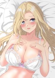 Rule 34 | absurdres, bed sheet, blonde hair, blush, bra, breasts, collarbone, commentary, english commentary, grey eyes, hands on own chest, head on pillow, highres, hornet (kancolle), jewelry, kantai collection, large breasts, long hair, looking at viewer, lying, nitamako (sakamalh), on back, open mouth, ring, underwear, upper body, wedding ring, white bra