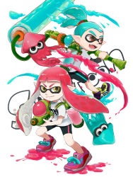 Rule 34 | 1boy, 1girl, bike shorts, fangs, highres, ink tank (splatoon), inkling, inkling boy, inkling girl, inkling player character, kinagi (3307377), long hair, looking at viewer, nintendo, open mouth, paint roller, pointy ears, shoes, simple background, smile, sneakers, splat roller (splatoon), splatoon (series), splatoon 1, splattershot (splatoon), squid, super soaker, tentacle hair, white background, yuyuwhite