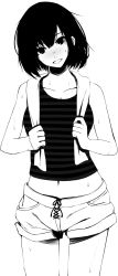 Rule 34 | 1girl, absurdres, bare shoulders, blush, cowboy shot, greyscale, head tilt, highres, looking at viewer, midriff, monochrome, navel, original, parted lips, rur (ml ruru), shirt, shorts, solo, striped clothes, striped shirt, sweat, tank top, towel, towel around neck, white background