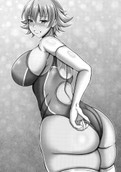 Rule 34 | 1girl, absurdres, ass, blush, breasts, curvy, elbow gloves, gloves, greyscale, highleg, highleg swimsuit, highres, huge ass, igawa sakura, kanna (minamozuki), large breasts, looking at viewer, looking back, monochrome, one-piece swimsuit, shiny clothes, shiny skin, short hair, simple background, skindentation, smile, solo, swimsuit, taimanin (series), taimanin asagi, thick thighs, thighs, wide hips