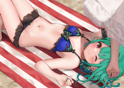 Rule 34 | 1girl, ;), aqua hair, arm garter, arm up, armpits, beach towel, beach umbrella, bikini, blue bikini, blue hair, blush, breasts, cleavage, closed mouth, collarbone, commentary request, day, earrings, feet out of frame, frilled bikini, frills, from above, hand on forehead, highres, hololive, jewelry, knees up, looking at viewer, looking up, mashiro chun, multicolored hair, navel, one eye closed, outdoors, red eyes, sand, skull earrings, smile, solo, stomach, swimsuit, towel, two-tone hair, umbrella, uruha rushia, virtual youtuber