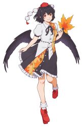 Rule 34 | 1girl, absurdres, bird wings, black hair, black skirt, black wings, commentary, frilled skirt, frills, full body, geta, hand fan, hat, hauchiwa, highres, holding, holding fan, looking at viewer, neck ribbon, pom pom (clothes), puffy short sleeves, puffy sleeves, red eyes, red footwear, red hat, red ribbon, ribbon, shameimaru aya, short hair, short sleeves, simple background, skirt, smile, socks, solo, tengu-geta, tokin hat, touhou, white background, white socks, wings, winterleigh