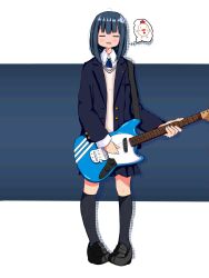 Rule 34 | 1girl, bird, black footwear, black jacket, blue background, buttoned cuffs, buttons, chicken, closed eyes, collared shirt, drooling, drop shadow, electric guitar, facing viewer, full body, grey hair, grey socks, guitar, highres, holding, holding instrument, instrument, jacket, kneehighs, medium hair, music, nao97122, open clothes, open jacket, original, outside border, pigeon-toed, playing instrument, ribbed socks, school uniform, shirt, shoes, socks, solo, standing, straight-on, thought bubble, white shirt