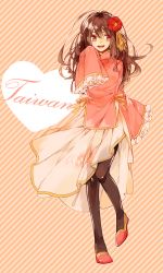Rule 34 | 1girl, axis powers hetalia, bad id, bad pixiv id, black pantyhose, brown eyes, brown hair, character name, chinese clothes, flower, frilled sleeves, frills, full body, hair flower, hair ornament, heart, long hair, mdk (lacca0v0), pantyhose, pigeon-toed, red footwear, shoes, side slit, simple background, sleeves past wrists, standing, standing on one leg, striped, striped background, taiwan (hetalia), wide sleeves