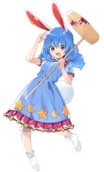 Rule 34 | &gt;:d, 1girl, :3, :d, akagashi hagane, ambiguous red liquid, animal ears, blue dress, blue hair, crescent, dress, earclip, frilled dress, frilled sleeves, frills, full body, hair between eyes, highres, kine, looking at viewer, mallet, open mouth, rabbit ears, rabbit tail, red eyes, seiran (touhou), short eyebrows, short sleeves, simple background, smile, socks, solo, star (symbol), tail, touhou, twintails, v-shaped eyebrows, white background, white socks