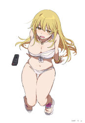 Rule 34 | 1girl, absurdres, bikini, blonde hair, breasts, bright pupils, brown eyes, cleavage, controller, dated, from above, full body, hair between eyes, highres, invisible chair, jewelry, large breasts, long hair, looking at viewer, navel, necklace, official alternate costume, open mouth, remote control, sandals, shokuhou misaki, sitting, solo, star-shaped pupils, star (symbol), star necklace, swimsuit, symbol-shaped pupils, takatisakana, thigh gap, toaru kagaku no mental out, toaru kagaku no railgun, toaru majutsu no index, toes, white background, white bikini, yellow pupils