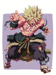 Rule 34 | 1boy, abs, anger vein, bara, black eyes, blonde hair, broly (dragon ball super), clothes around waist, cuffs, dragon ball, dragon ball super, dragon ball super broly, full body, guillem dauden, handcuffs, highres, japanese clothes, large pectorals, male focus, medium hair, muscular, muscular male, no pupils, pants, pectorals, scar, scar on chest, shirt, shirt around waist, topless male, solo, spiked hair, stomach, super saiyan, super saiyan 1, torn clothes, torn pants