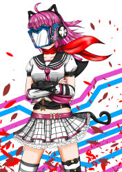 Rule 34 | 1girl, absurdres, animal ear headphones, animal ears, animal print, arm warmers, artist name, artist request, belt, black sailor collar, blunt bangs, blush, breasts, cat ear headphones, cat print, cat tail, checkered clothes, checkered skirt, collarbone, crossed arms, crown print, dokipipo emotion, dokipipo emotion (love live!), fake animal ears, falling leaves, female focus, floating hair, hair ornament, headphones, heart, heart (symbol), heart print, highres, leaf, looking at viewer, love live!, love live! nijigasaki high school idol club, love live! school idol festival, mask, medium breasts, miniskirt, neckerchief, necktie, parted lips, petals, pink belt, pink hair, pink neckerchief, pink necktie, plaid, plaid skirt, pleated, pleated skirt, puffy short sleeves, puffy sleeves, red petals, red scarf, sailor collar, scarf, screen, shirt, short hair, short sleeves, skirt, smile, solo, star (symbol), star hair ornament, star print, striped, striped sleeves, suspenders, tail, tennoji rina, tied scarf, white background, white shirt, white skirt