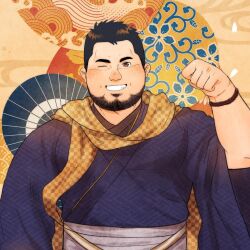 Rule 34 | 1boy, bara, beard, black hair, clenched hand, daisukebear, facial hair, grin, hand up, happy new year, highres, japanese clothes, kimono, large pectorals, male focus, mature male, midriff sarashi, muscular, muscular male, new year, one eye closed, original, pectorals, sarashi, scarf, smile, solo, straight-on, upper body, yellow scarf