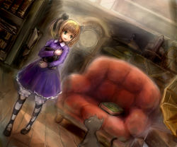 Rule 34 | alice (odin sphere), blonde hair, bloomers, book, hugging book, cat, chair, child, clock, conjaku, dress, dutch angle, green eyes, holding, holding book, hugging object, indoors, long hair, odin sphere, pantyhose, ribbon, smile, socrates (odin sphere), steptanz, striped clothes, striped legwear, striped pantyhose, thighhighs, twintails, underwear, vanillaware
