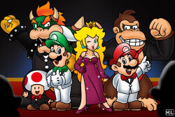 Rule 34 | 1girl, 5boys, blonde hair, blue eyes, bowser, brown hair, camera, capelet, crown, donkey kong, donkey kong (series), earrings, facial hair, formal, full body, gloves, grin, hat, high heels, jewelry, luigi, mario, mario (series), multiple boys, mustache, nintendo, one eye closed, open mouth, princess peach, red capelet, skirt, smile, suit, super mario all stars, the super mario bros. movie, toad (mario), wink