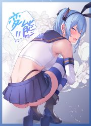 Rule 34 | 1girl, alternate costume, blue eyes, blue hair, blush, cosplay, crop top, elbow gloves, gloves, hair ribbon, high heels, highres, hololive, hoshimachi suisei, kantai collection, looking back, miniskirt, ribbon, sailor collar, shimakaze (kancolle), shimakaze (kancolle) (cosplay), side ponytail, skirt, sleeveless, solo, squatting, striped clothes, striped thighhighs, thighhighs, thong, virtual youtuber, yoshiheihe, zettai ryouiki