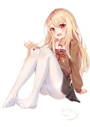 Rule 34 | 1girl, :d, ass, black skirt, blonde hair, blush, bow, brown shirt, collared shirt, fate/kaleid liner prisma illya, fate (series), feet, fingernails, full body, hair between eyes, hand up, head tilt, highres, holding, holding own hair, homurahara academy school uniform, illyasviel von einzbern, legs, long hair, looking at viewer, nahaki, no shoes, open mouth, panties, pantyhose, red bow, red eyes, school uniform, shirt, signature, simple background, sitting, skirt, smile, solo, striped, striped bow, thighband pantyhose, toes, underwear, very long hair, white background, white panties, white pantyhose