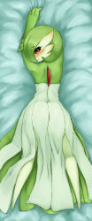 Rule 34 | 1girl, all fours, arms up, blush, creatures (company), dakimakura (medium), dress, from above, from behind, full body, furry, furry female, game freak, gardevoir, gen 3 pokemon, green hair, hair over one eye, highres, looking at viewer, looking back, medium hair, monster girl, nintendo, nose blush, pokemon, pokemon (creature), red eyes, seraziel, solo, top-down bottom-up