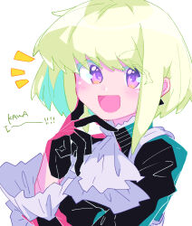 Rule 34 | 1boy, :d, absurdres, ascot, black gloves, black jacket, blonde hair, colored eyelashes, earrings, frilled sleeves, frills, gloves, half gloves, hand on own face, highres, jacket, jewelry, lio fotia, looking at viewer, male focus, open mouth, promare, purple eyes, short hair, sidelocks, simple background, smile, solo, trap, triangle earrings, white ascot, white background, yzyz630