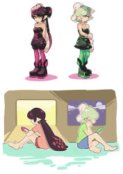 Rule 34 | + +, 2girls, ankle boots, arms behind back, back-to-back, bed, black footwear, black hair, blue shorts, boots, callie (splatoon), casual, cellphone, comic, cousins, detached collar, earrings, food, food on head, gloves, gomipomi, green legwear, green shirt, grey hair, holding, holding phone, indoors, inkling, inkling player character, jewelry, long hair, marie (splatoon), mask, mole, mole under eye, multiple girls, night, night sky, nintendo, object on head, pantyhose, phone, pointy ears, purple shirt, purple shorts, shirt, short hair, short jumpsuit, shorts, silent comic, sitting, sky, smartphone, standing, sushi, t-shirt, tentacle hair, white gloves