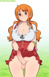 Rule 34 | 1futa, afrobull, bracelet, breasts, cleavage, closed mouth, clothes lift, collarbone, embarrassed, erection, frills, full-package futanari, futanari, gradient background, green background, highres, huge breasts, jewelry, looking at viewer, nami (one piece), no panties, one piece, orange eyes, orange hair, penis, short sleeves, skirt, skirt lift, solo, standing, testicles, thigh gap, twintails, uncensored, whole cake island dress