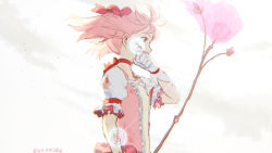 Rule 34 | 1girl, artist name, ashes, back bow, bleeding, blood, bow, bow (weapon), choker, dress, frilled dress, frills, from side, gloves, holding, holding bow (weapon), holding weapon, kaname madoka, kaname madoka (magical girl), magic, magical girl, mahou shoujo madoka magica, mahou shoujo madoka magica (anime), matching hair/eyes, outdoors, pink dress, pink eyes, pink hair, puffy short sleeves, puffy sleeves, red bow, red neckwear, short hair, short sleeves, short twintails, soul gem, twintails, twitter username, un nm5sy, upper body, weapon, white gloves