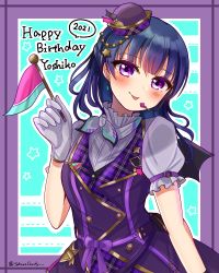 Rule 34 | 1girl, :p, absurdres, alternate hairstyle, around the world (love live!), artist name, artist request, black wings, blue hair, blush, breasts, buttons, dress, drop earrings, earrings, female focus, flag, frilled dress, frills, gloves, half updo, hat, headphones, highres, holding, holding flag, jewelry, long hair, looking at viewer, love live!, love live! school idol festival, love live! school idol festival all stars, love live! sunshine!!, microphone, mini hat, miniskirt, neckwear request, parted lips, pink eyes, plaid, plaid dress, plaid skirt, pleated, pleated dress, pleated skirt, puffy short sleeves, puffy sleeves, purple background, purple dress, purple eyes, purple hat, purple ribbon, purple skirt, purple wings, ribbon, short sleeves, skirt, small breasts, smile, solo, star (symbol), tongue, tongue out, tsushima yoshiko, white detached collar, white gloves, white neckwear, winged hat, wings