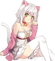 Rule 34 | 1girl, 3.14, animal ears, bell, blush, cat ears, cat tail, choker, clothes between thighs, cropped, dress, fang, fang out, green eyes, hair ornament, jacket, jingle bell, leg up, long hair, looking at viewer, neck bell, off shoulder, open clothes, open jacket, original, paw pose, silver hair, simple background, sitting, sleeves past wrists, smile, solo, strapless, strapless dress, tail, thighhighs, two side up, white background, white dress, white thighhighs