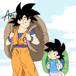 Rule 34 | 10s, 2boys, artist name, azu (kirara310), backpack, bad id, bad pixiv id, bag, black eyes, black hair, blush stickers, chinese clothes, clenched hands, cloud, cloudy sky, day, dougi, dragon ball, dragon ball super, dragonball z, father and son, happy, looking at another, male focus, multiple boys, short hair, sky, smile, son goku, son goten, spiked hair, wristband