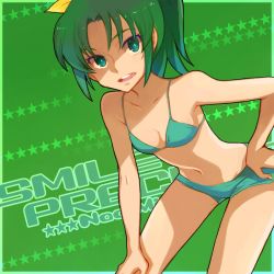 Rule 34 | 10s, 1girl, bare shoulders, bent over, bikini, bow, green background, green hair, hair bow, hand on own hip, looking at viewer, midorikawa nao, navel, open mouth, ponytail, precure, saikachi, saikachi (ogre tree), smile precure!, solo, star (symbol), swimsuit