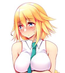 Rule 34 | 1girl, between breasts, blonde hair, blue eyes, blush, braid, breast hold, breasts, collared shirt, embarrassed, fate/apocrypha, fate (series), green necktie, jeanne d&#039;arc (fate), jeanne d&#039;arc (girl from orleans) (fate), jeanne d&#039;arc (ruler) (fate), large breasts, long hair, looking away, necktie, necktie between breasts, nose blush, shirt, single braid, sleeveless, sleeveless shirt, solo, sweat, tsukui kachou, very long hair, white shirt