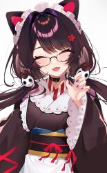 Rule 34 | 1girl, absurdres, animal ears, bespectacled, black collar, blue nails, brown hair, brown kimono, closed eyes, collar, facing viewer, fangs, fingernails, flower, glasses, hair flower, hair ornament, hand up, heterochromia, highres, inui toko, japanese clothes, kimono, long hair, long sleeves, low twintails, maid headdress, nail polish, nijisanji, obi, obiage, obijime, open mouth, red flower, red ribbon, ribbon, sash, solo, swept bangs, twintails, upper body, virtual youtuber, wide sleeves, xiaoyu chiaki