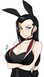 Rule 34 | 1girl, animal ears, arms under breasts, bare shoulders, black hair, breasts, brown eyes, choker, cleavage, colorized, crossed arms, dragon quest, dragon quest xi, earrings, embarrassed, jewelry, large breasts, mole, mole under mouth, rabbit ears, solo, square enix, sweat, yayaku