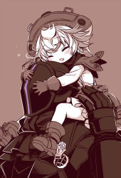 Rule 34 | 1boy, 1girl, blush, bondrewd, boots, brown background, carrying, closed eyes, commentary request, facing viewer, gloves, hat, helm, helmet, jacket, long sleeves, made in abyss, monochrome, parted lips, prushka, sakurazawa izumi, sepia, shoulder carry, simple background, size difference, upper body