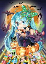 Rule 34 | 1girl, bat (animal), blue eyes, blue hair, bug, butterfly mask, candy, candy corn, cape, cat, detached sleeves, eyeball, finger to mouth, food, full moon, ghost, halloween, hatsune miku, jack-o&#039;-lantern, lollipop, long hair, mask, matching hair/eyes, moon, randy williams, skull, smile, solo, spider, swirl lollipop, twintails, vocaloid