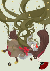 Rule 34 | 1girl, ball, black nails, boots, bow, brown footwear, brown kimono, brown skirt, commentary request, confetti, covered eyes, falling, flower, full body, furisode, grey background, grey hair, hair flower, hair ornament, hakama, hakama skirt, hand fan, hand mouth, highres, horns, japanese clothes, kimono, kuzuda yone, long hair, makayaki (rikka705), obi, one-eyed, open mouth, outstretched arms, pinstripe kimono, red bow, red flower, sash, simple background, single horn, skirt, smile, solo, spread arms, temari ball, tendril, utau, very long hair, waist bow, wide sleeves