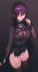 Rule 34 | 1girl, :p, absurdres, black collar, black shorts, bra, bra visible through clothes, breasts, brown thighhighs, candy, collar, cowboy shot, domi (hongsung0819), dress shirt, ear piercing, food, hair between eyes, highres, holding, holding candy, holding food, holding lollipop, lace, lace-trimmed bra, lace trim, large breasts, lollipop, long hair, long sleeves, looking at viewer, nail polish, original, piercing, pink nails, purple hair, red eyes, see-through, shirt, shorts, simple background, solo, standing, thighhighs, tongue, tongue out, torn clothes, torn shorts, underwear, very long hair