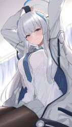 Rule 34 | 1girl, arms up, black pantyhose, blue archive, blue necktie, blush, breasts, button gap, grey hair, grey skirt, halo, headgear, highres, indoors, jacket, long hair, looking at viewer, maosame, medium breasts, necktie, noa (blue archive), pantyhose, purple eyes, shirt, sidelocks, sitting, skirt, smile, solo, two-sided fabric, two-sided jacket, very long hair, white shirt